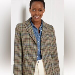 Talbots Plaid brown green Equestrian checked elbow patch Spring Blazer Sz 10